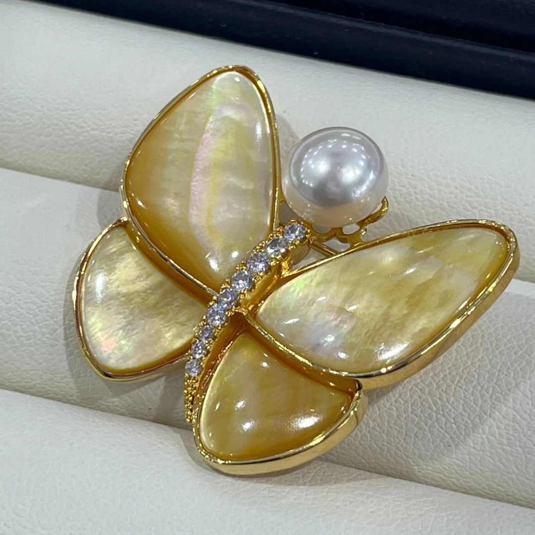 淡水珍珠金蝶贝蝴蝶胸针7-8mm（非基地发货不带证）