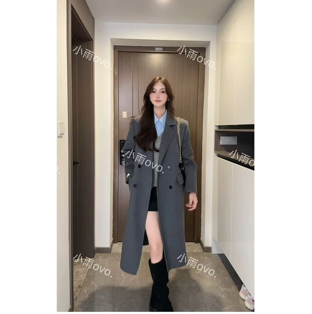 【暮雨清寒】长款韩版过膝显瘦气质秋冬双面正肩羊毛大衣网红时尚