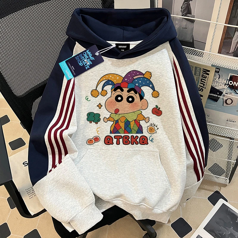 2025新款撞色拼接连帽卫衣男女童日系蜡笔小新宽松慵懒风学生上衣