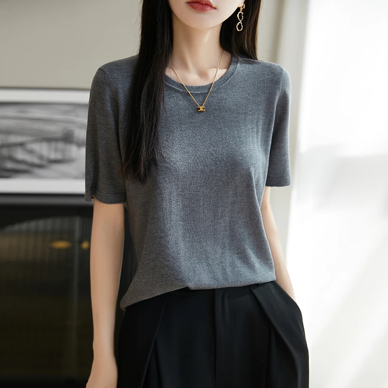 春夏新款圆领精纺羊毛桑蚕丝针织短袖T恤女莱赛尔天丝半袖上衣
