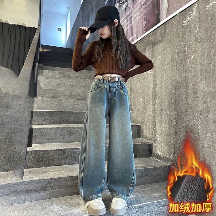 女童牛仔裤秋冬款6-12岁15新款洋气儿童时髦加绒弯刀裤冬季长裤