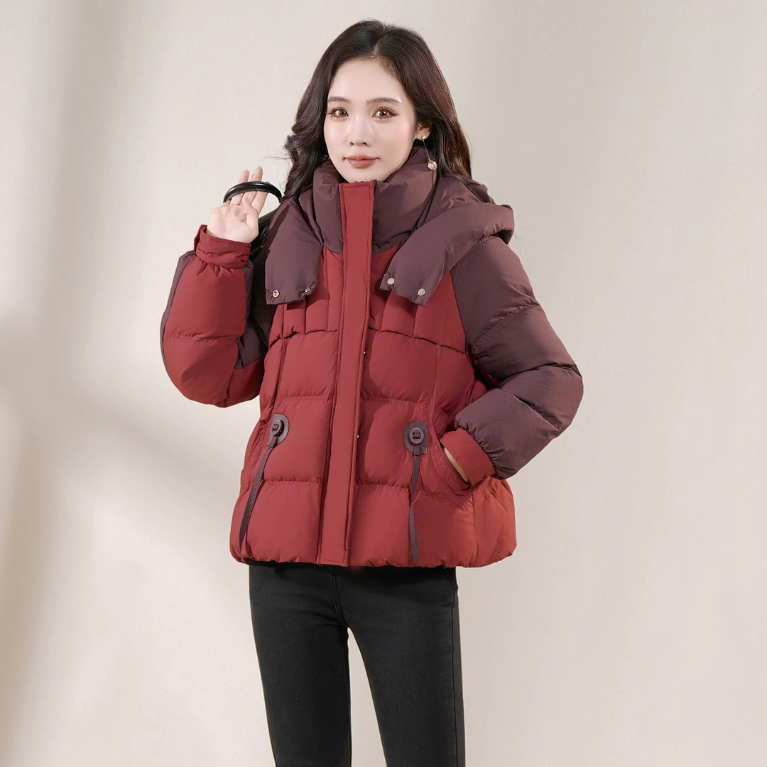 冬季新款时尚高级感撞色连帽加厚显瘦羽绒服外套M-4XL