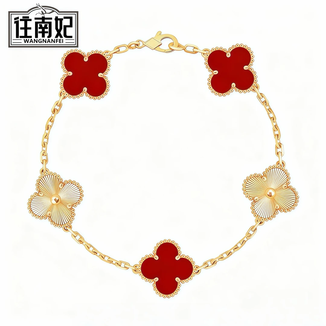 【往南妃珠宝】18k金k黄3+2四叶草手链15mm中号镭射+红手链厚金版