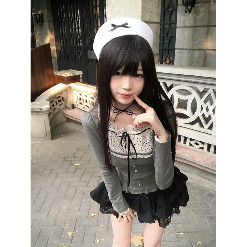 2025新品方领甜辣波点拼接假两件长袖纽扣花边上衣女蕾丝短裙套装