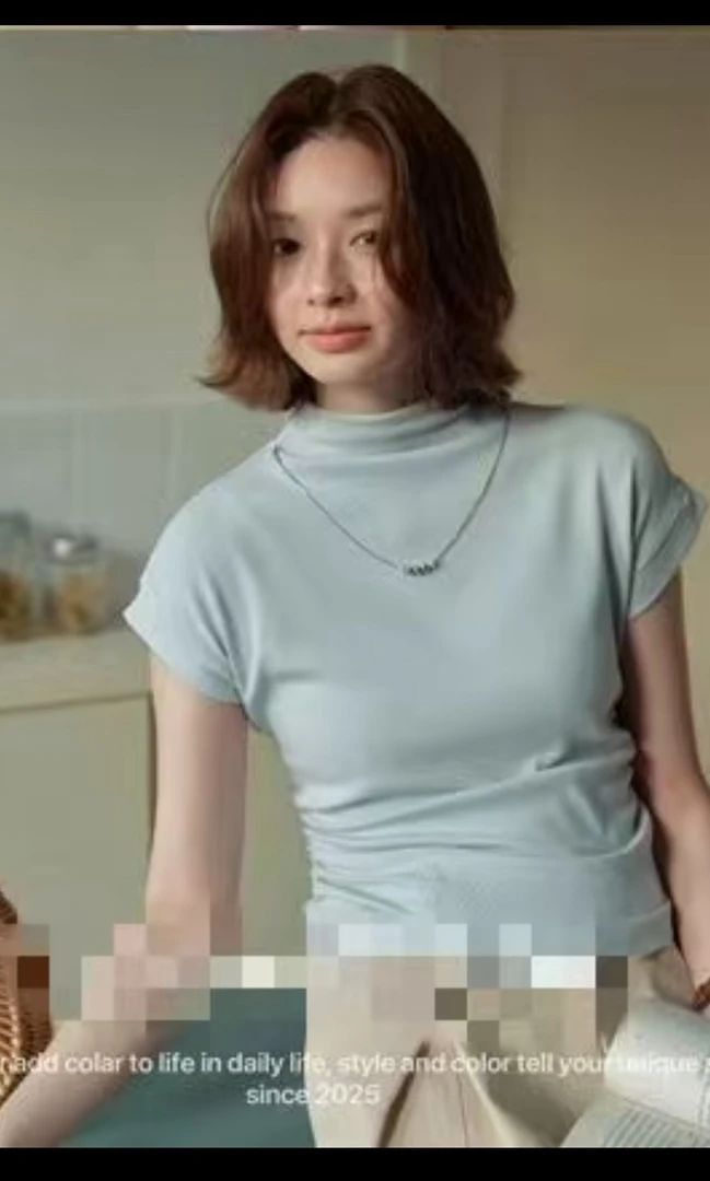俪米25012新款夏季气质项链半高领褶皱半袖T恤