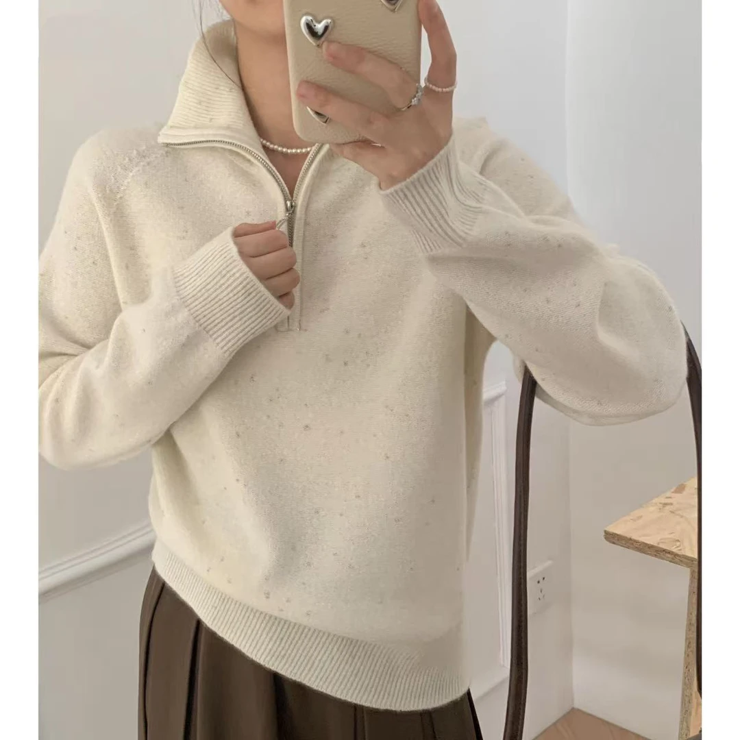 涵玖玥【100羊毛】金豆半拉链轻奢感长袖上衣07-8009