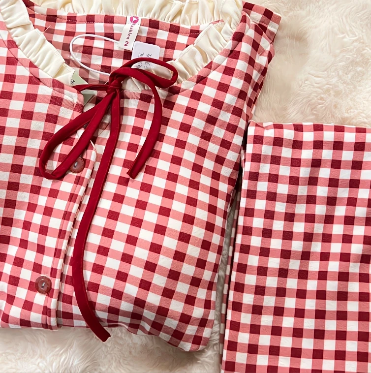 2025新款秋冬季德绒格子时尚睡衣女宽松可爱甜美可外穿家居服套装