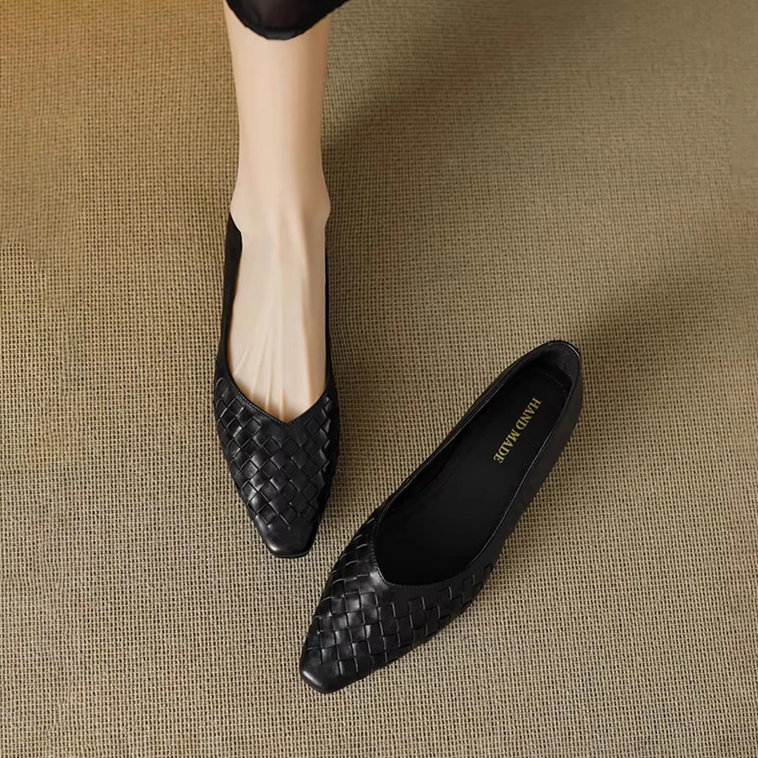 真皮断码清仓编织通勤小皮鞋女低跟浅口单鞋2025春秋季新款平底鞋