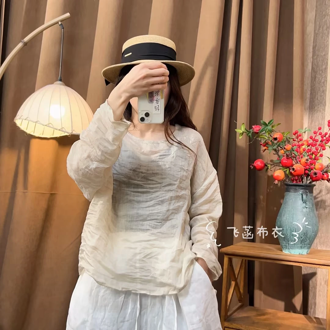 复古纯色苎麻百搭圆领套头休闲上衣（衣长60胸围130）