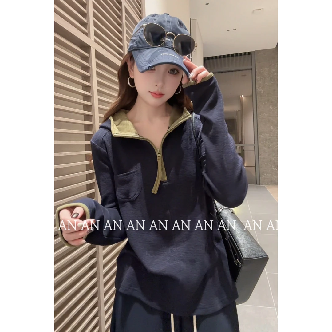 C08574新款休闲显瘦小众设计打底连帽口袋半拉链撞色卫衣