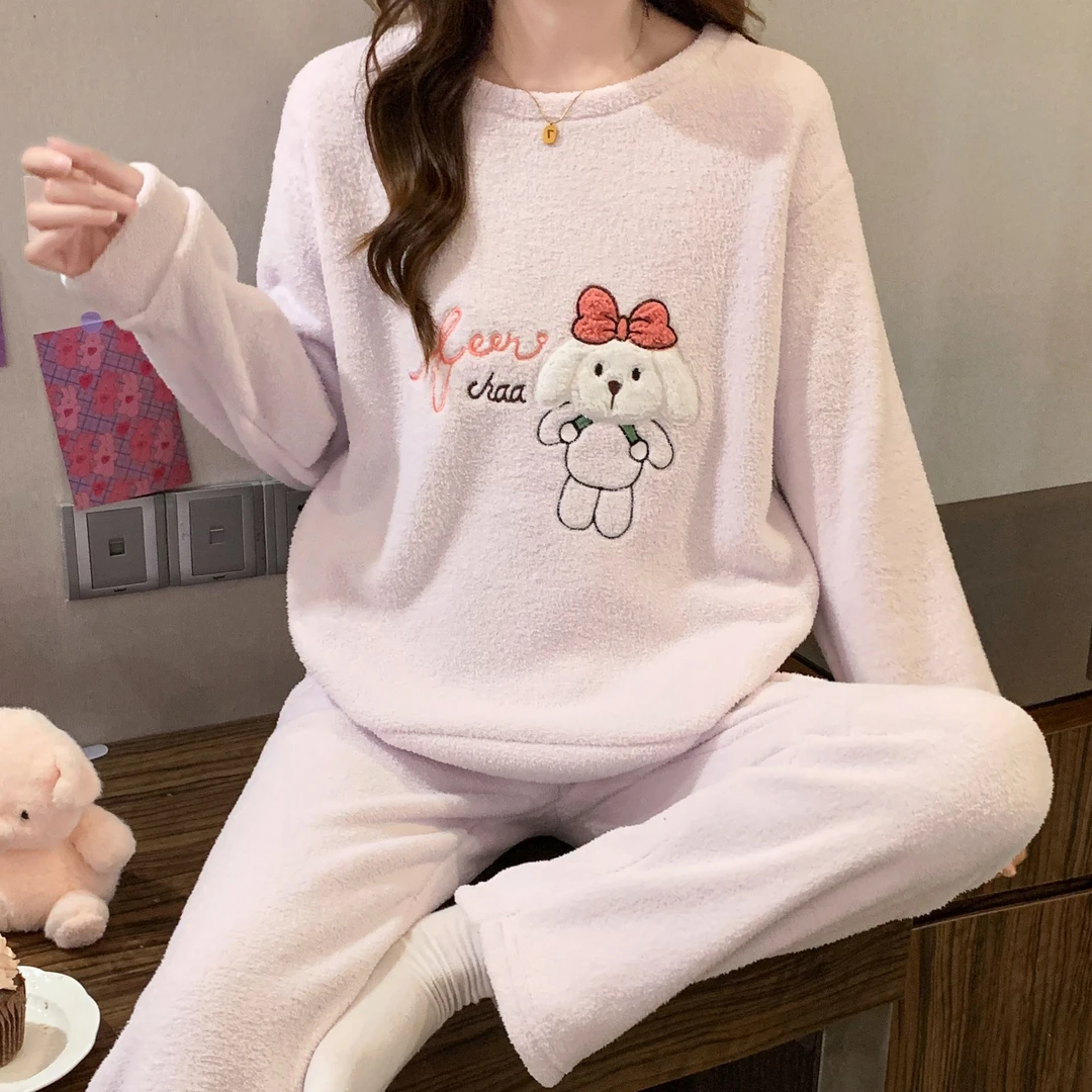 半边绒睡衣女冬季韩版少女学生卡通可外穿加厚加绒珊瑚绒家居服