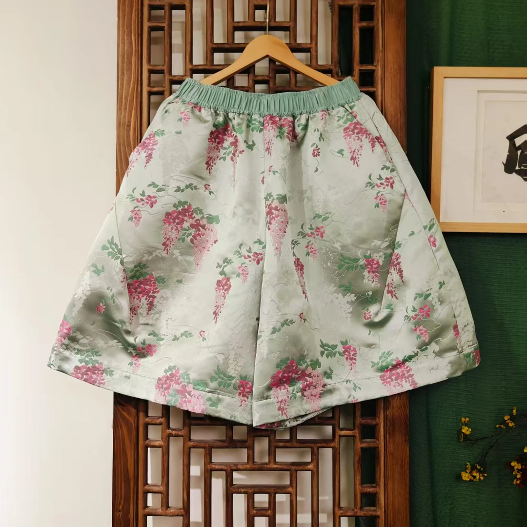 （ LK135-1）凤徕兮私人定制浅绿色紫藤花暗纹全松紧六分裤  单