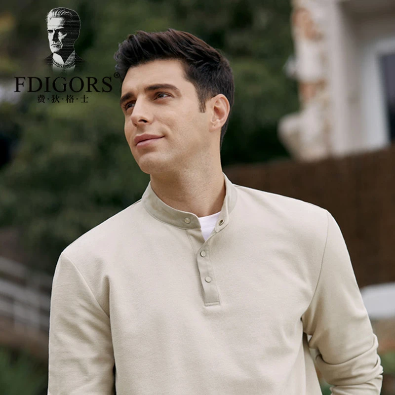 FDIGORS/费狄格士polo衫男亨利领长袖t恤打底春秋加绒纯色卫衣男