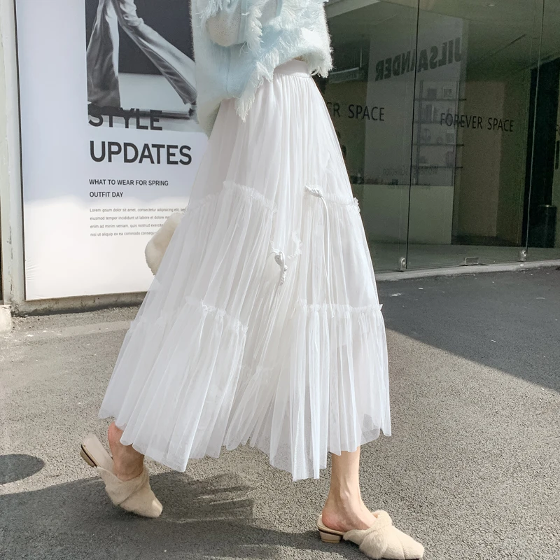 新款白色网纱拼接连衣裙女春夏高腰显瘦蓬松甜美蛋糕长款A字裙