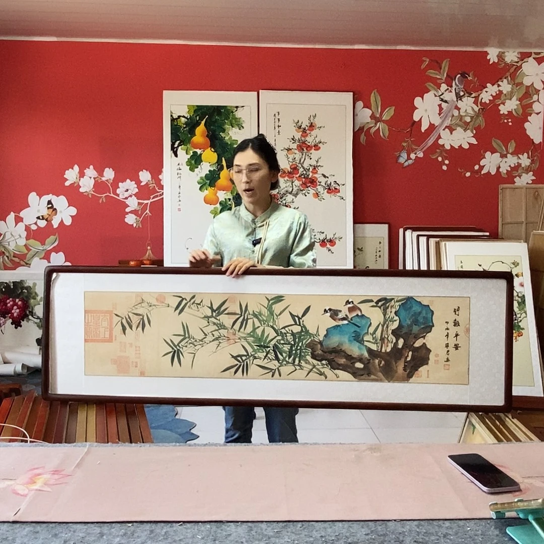 国画手写手绘国画作品带框包邮47✖️162