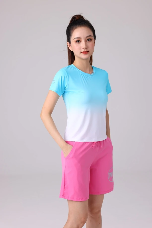 11色锦纶速干跑步渐变运动曳舞原地短袖休闲薄款上衣原地跑步