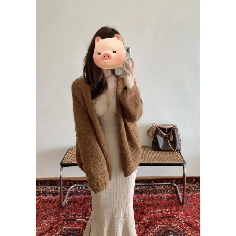 韩系早秋氛围感美拉德穿搭毛衣开衫外套女秋冬宽松慵懒风针织上衣