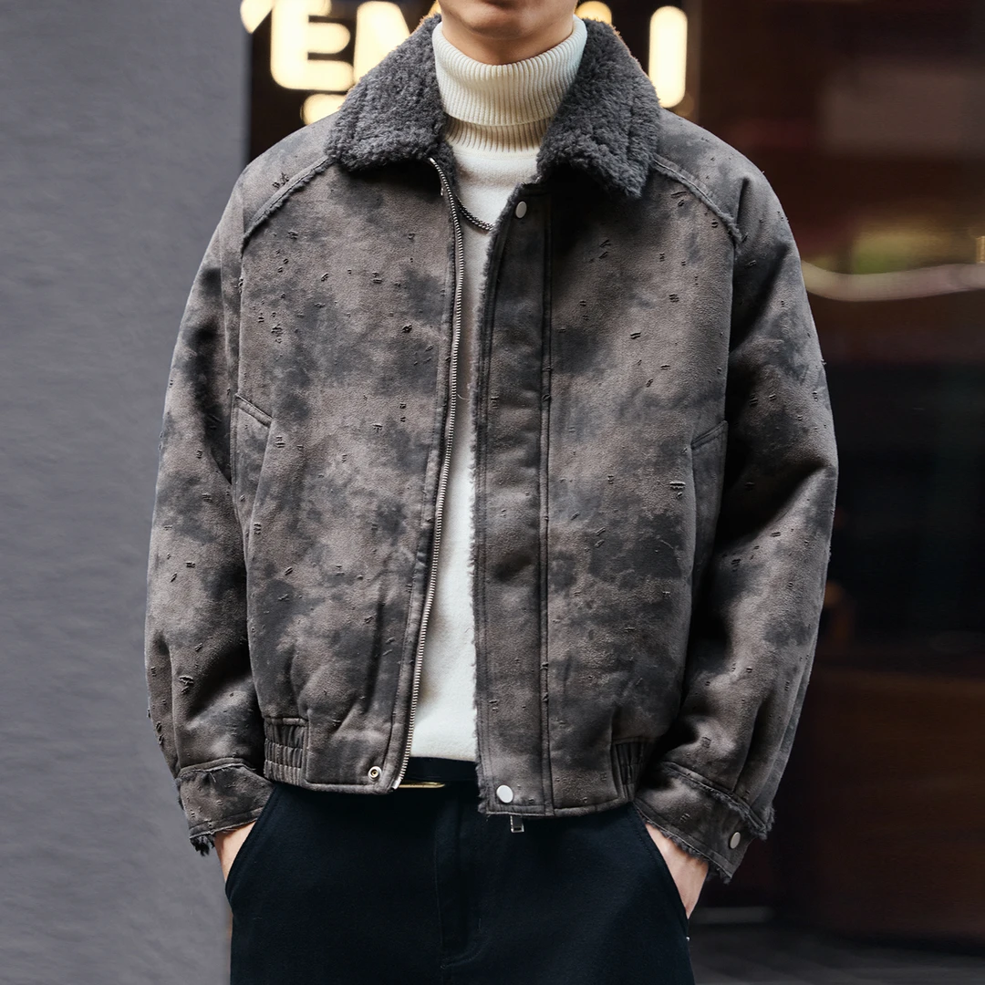 格蓝鹿高端重磅扎染做旧羊羔绒棉服外套男冬季加绒加厚保暖棉衣潮