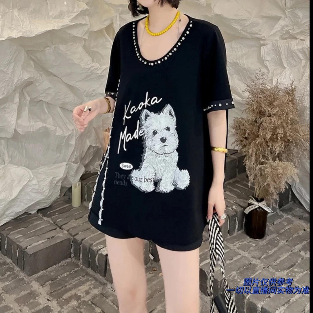 韩版定制大码女装加肥宽松版正肩设计感卡通小狗钉钻蕾丝开叉T恤