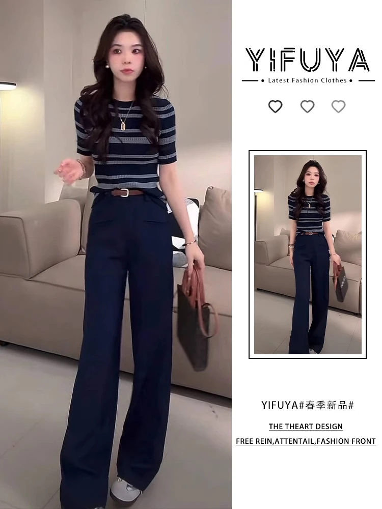 夏装搭配一整套时尚条纹短袖上衣复古牛仔裤港系穿搭减龄气质套装