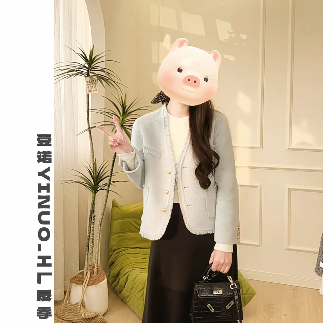 2025新款拉毛V领双面呢大衣女春季爆款毛呢外套8881