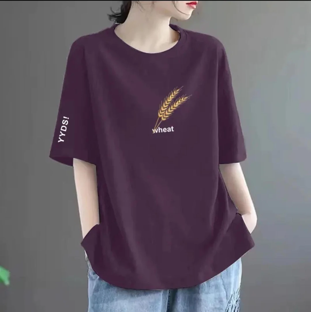 葡萄紫夏季宽松百搭印花大码中长款短袖休闲简约圆领T恤女
