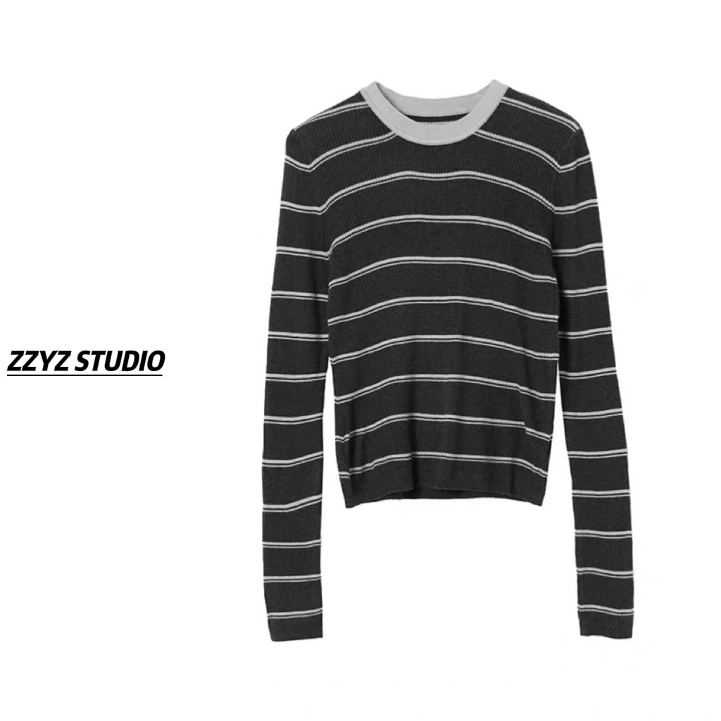 【ZZYZ】舒适弹力修身圆领条纹针织衫内搭显瘦长袖打底上衣