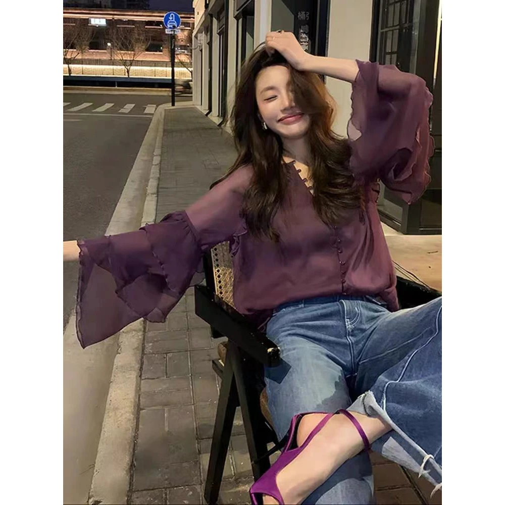 法式荷叶边拼接紫色衬衫女2025新款设计感减龄百搭宽松喇叭袖上衣