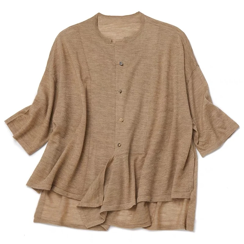 姿态如烟 80支精纺羊绒中袖开衫 轻麻质感/宽松