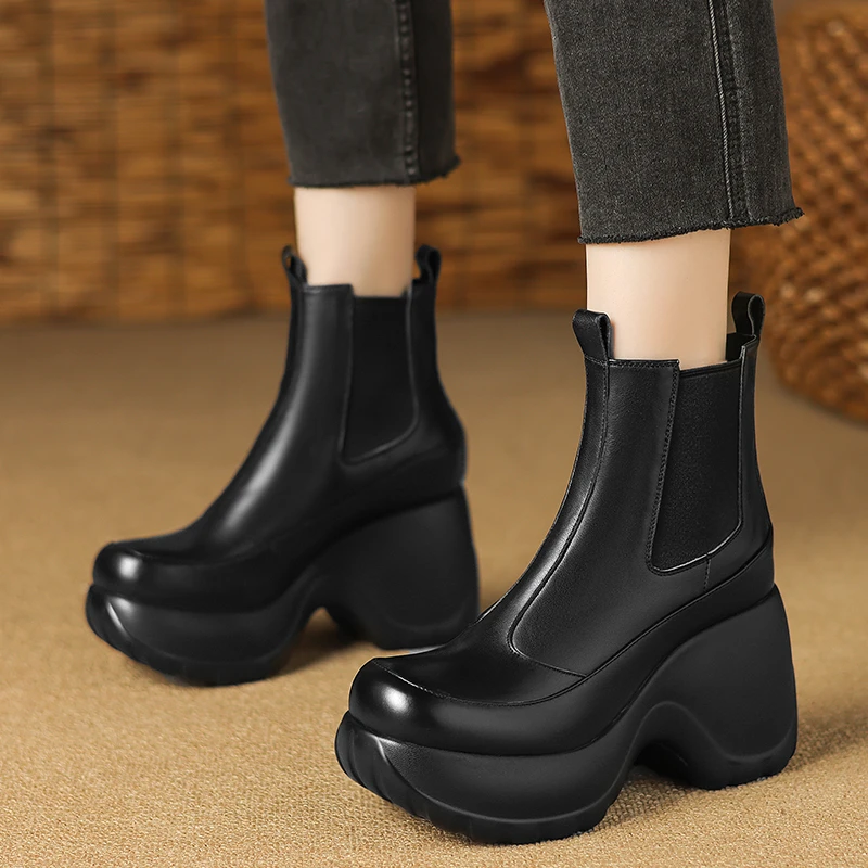通勤10cm防水台高跟切尔西靴子女秋冬真皮加绒圆头厚底短靴不累脚