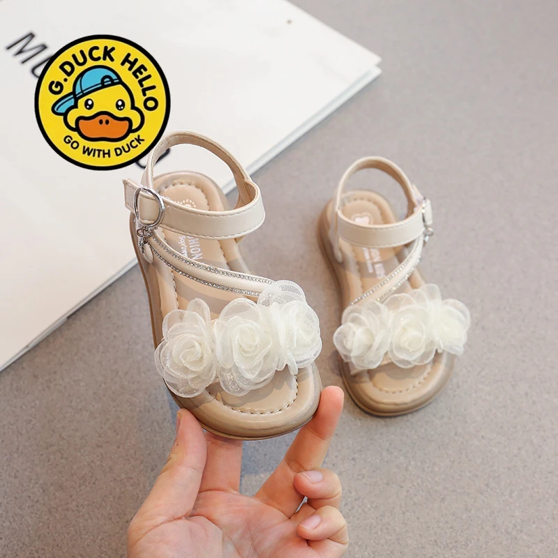 小黄鸭女童凉鞋2025夏季新款水钻花朵公主鞋韩版中大童洋气沙滩鞋