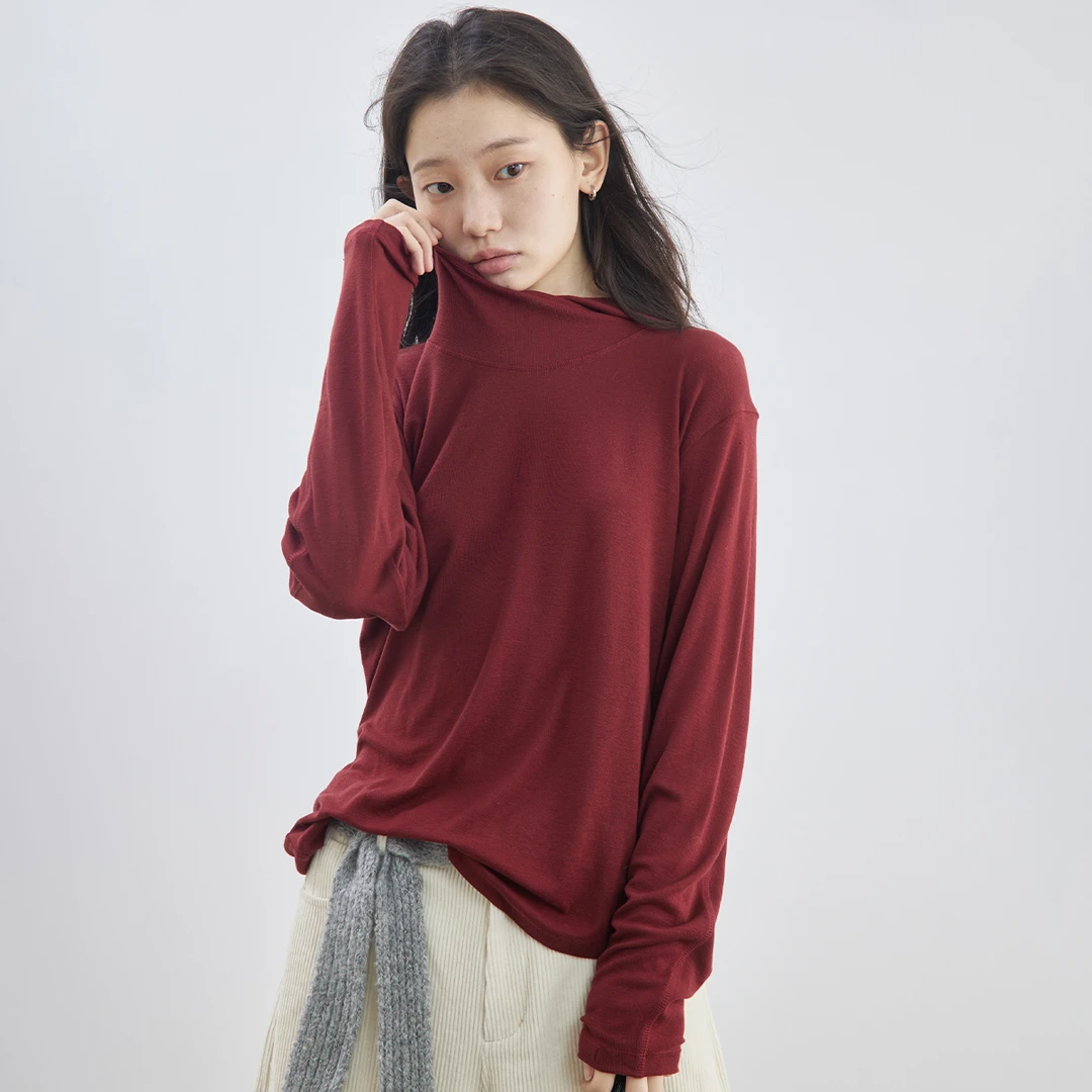 【底气】步履不停 新年红色羊毛柔软连帽打底衫长袖T女