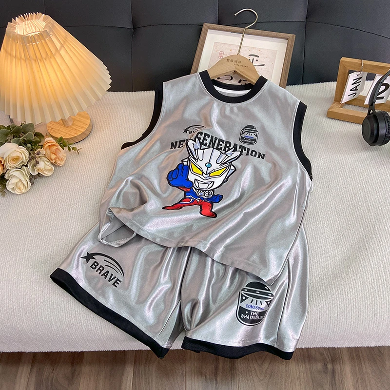 佑妈家童装 男女童中大童潮款套装 儿童卡通短袖短裤两件套
