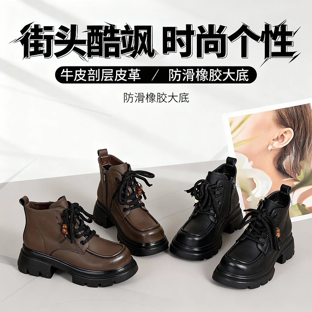 xizi/昔子6002新款系带短靴秋冬侧拉链马丁靴韩版百搭时尚厚底靴