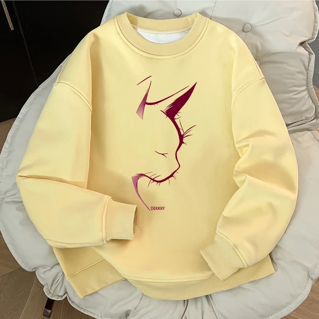 美式个性闭眼猫咪印花套头卫衣秋冬男女新款黄色百搭简约休闲上衣