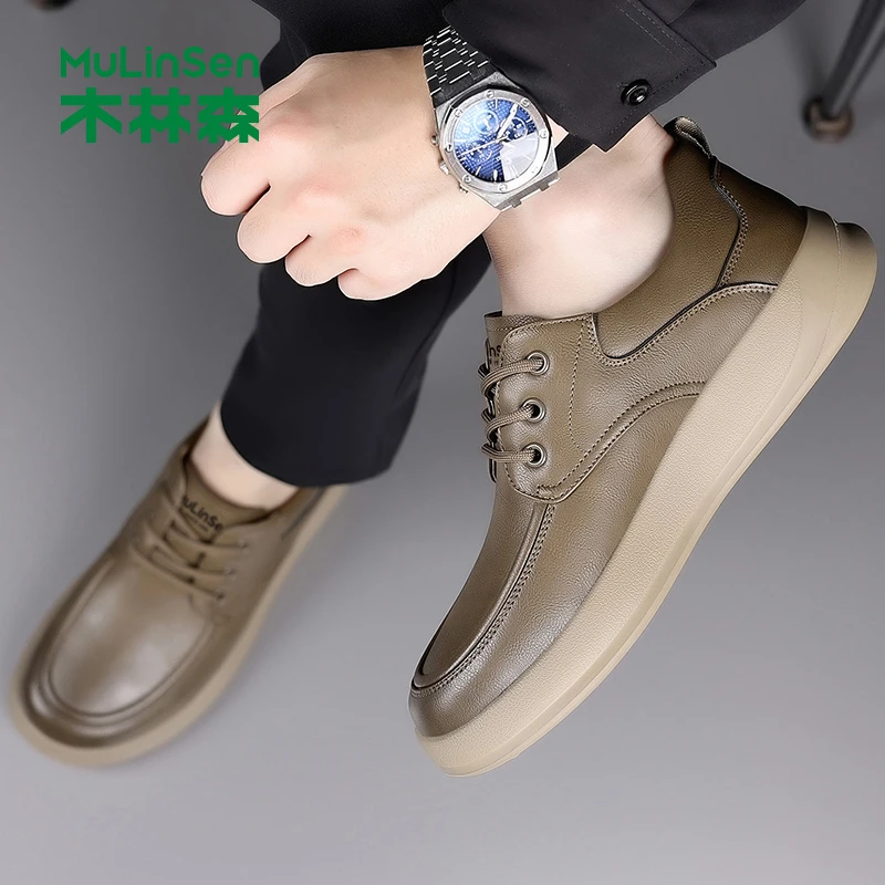 木林森男鞋增高百搭轻便宽脚牛皮新款复古大头2025休闲板鞋潮