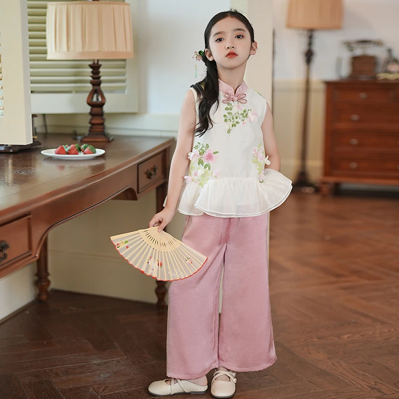 清仓53837女童夏装国风汉服套装新款儿童背心夏季女孩新中式衣服
