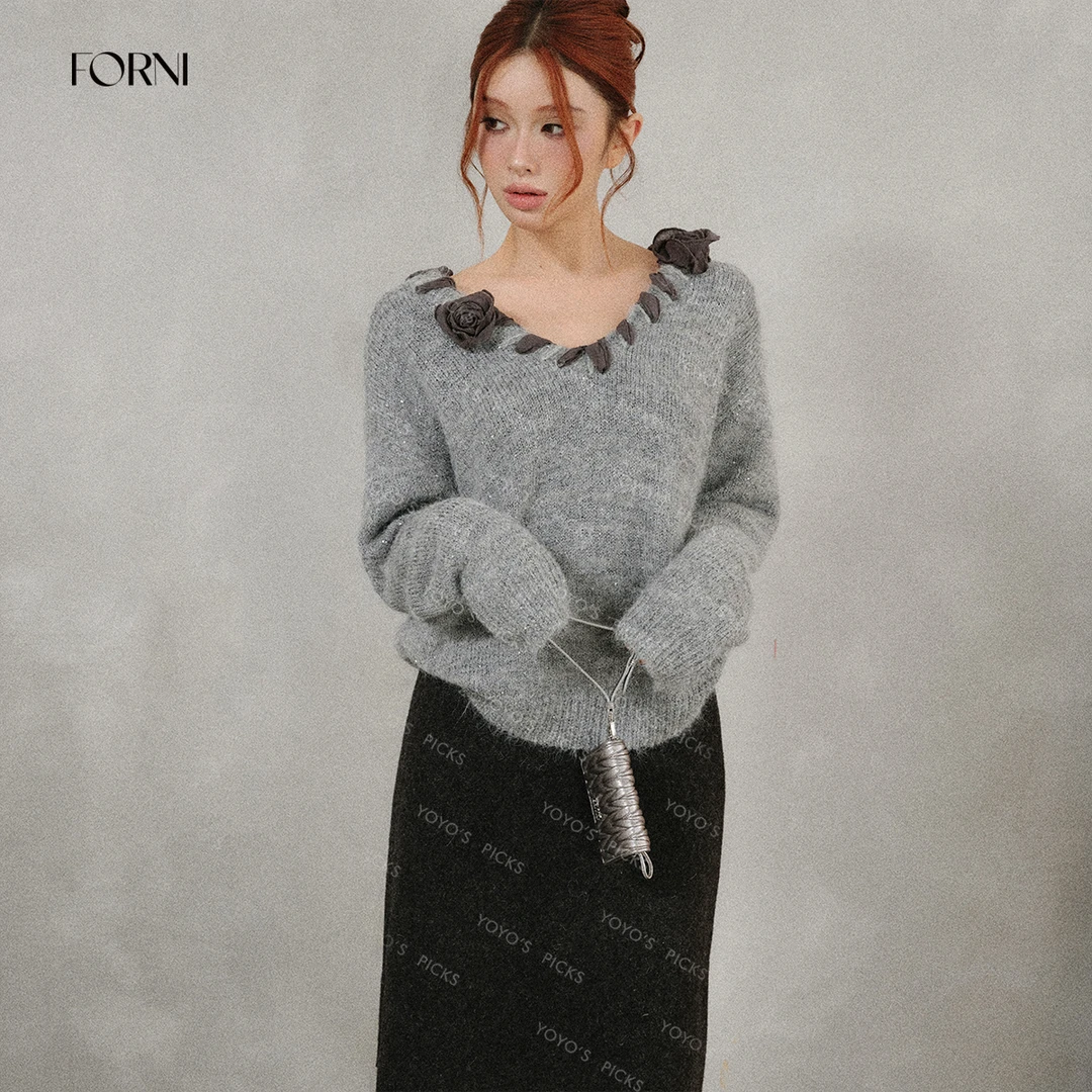 FORNI 玫瑰信笺 羊毛手工编织玫瑰花拉毛毛衣