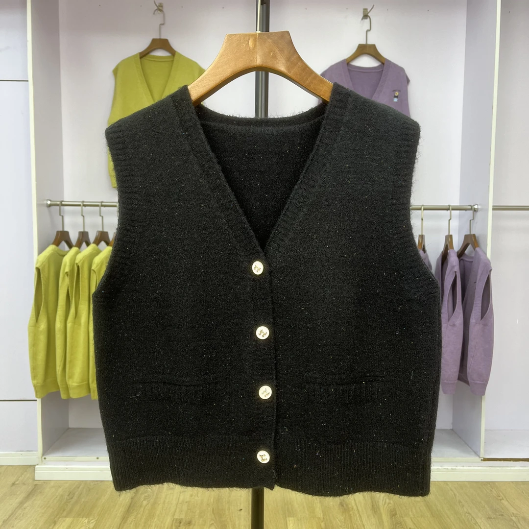 387 V领开衫针织马甲女春季新款简约无袖毛线坎肩叠穿背心马夹女