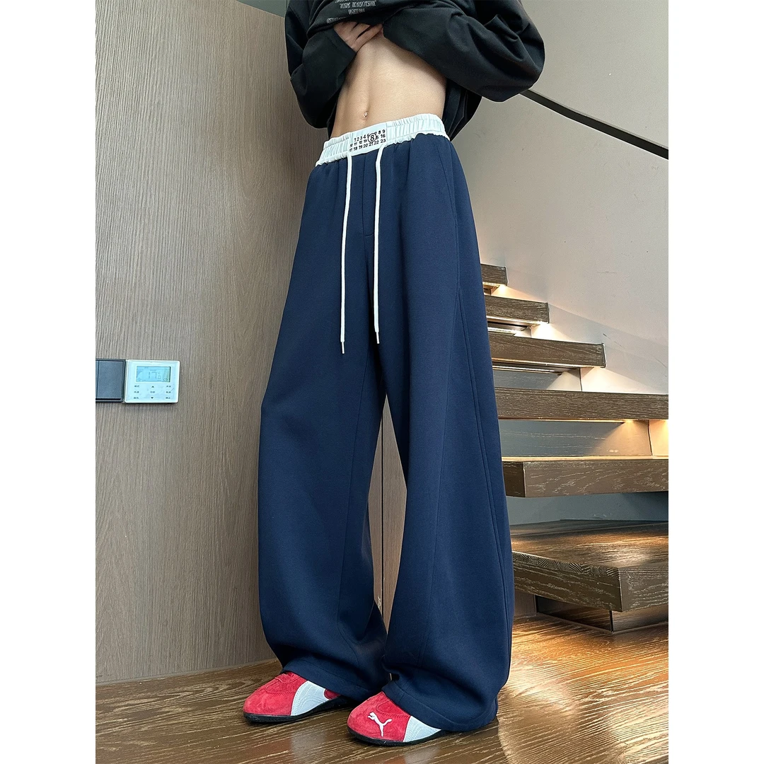 藏青色斜切弯刀卫裤男秋季潮牌宽松阔腿运动裤子重磅垂感休闲长裤