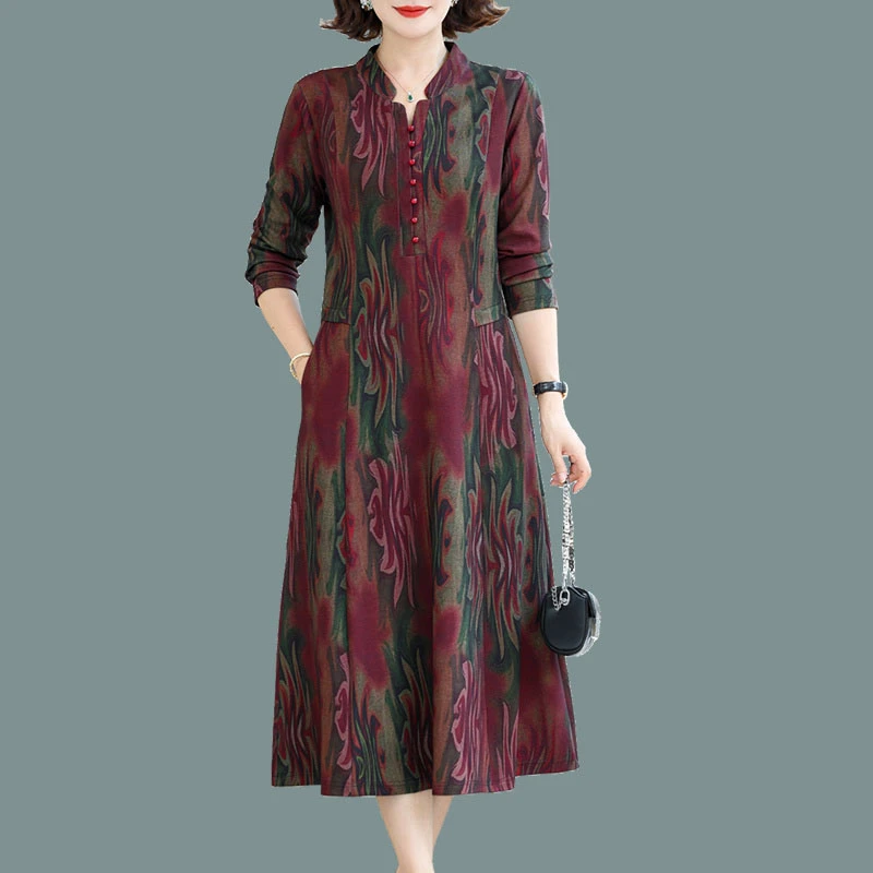 王小鸭中老年妈妈洋气裙子2025秋季新款时尚气质显瘦长袖连衣裙女