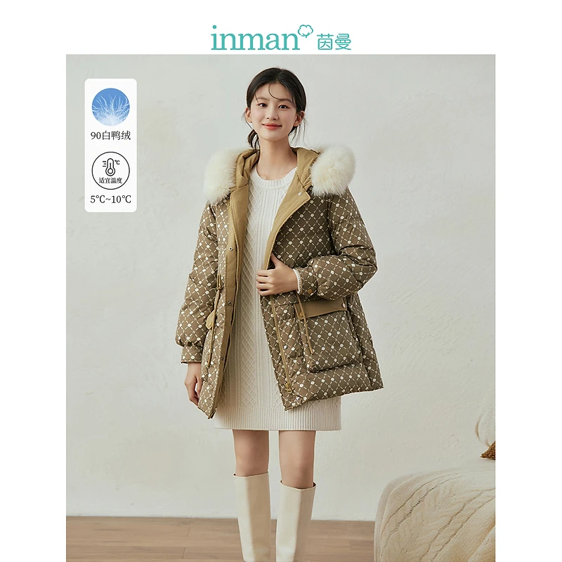 【商场同款】茵曼冬季女羽绒服短款新款外套女装毛领鸭绒保暖连帽