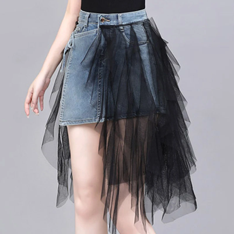洋气百褶短裙裤不规则仔半身裙减龄辣妹设计感网纱裙拼接牛仔裙