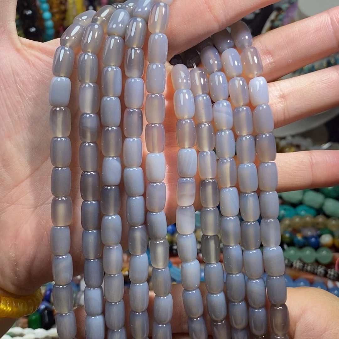 未镶嵌，烟灰玛瑙桶珠8×12mm，石英质玉