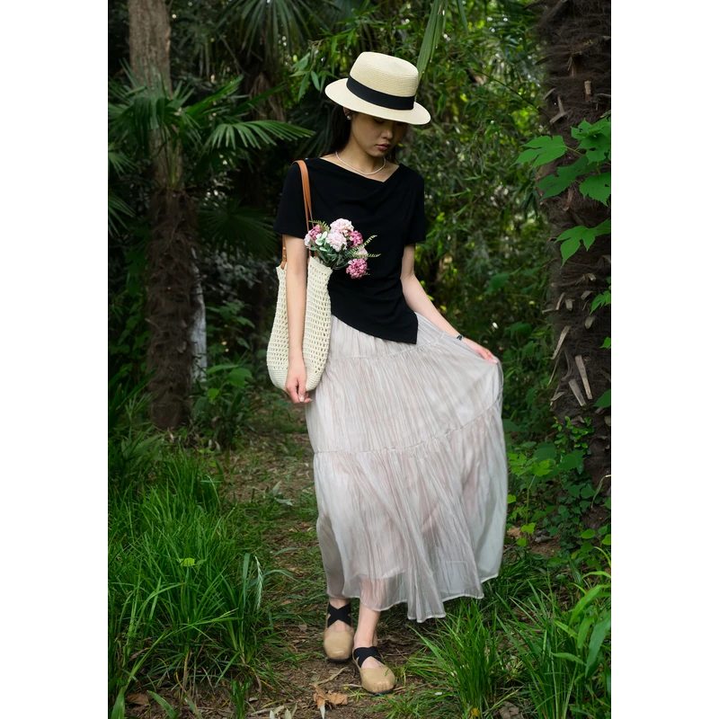 百武西“蜜桃乌龙”法式优雅网纱雪纺拼接蛋糕裙小A字半身裙8732