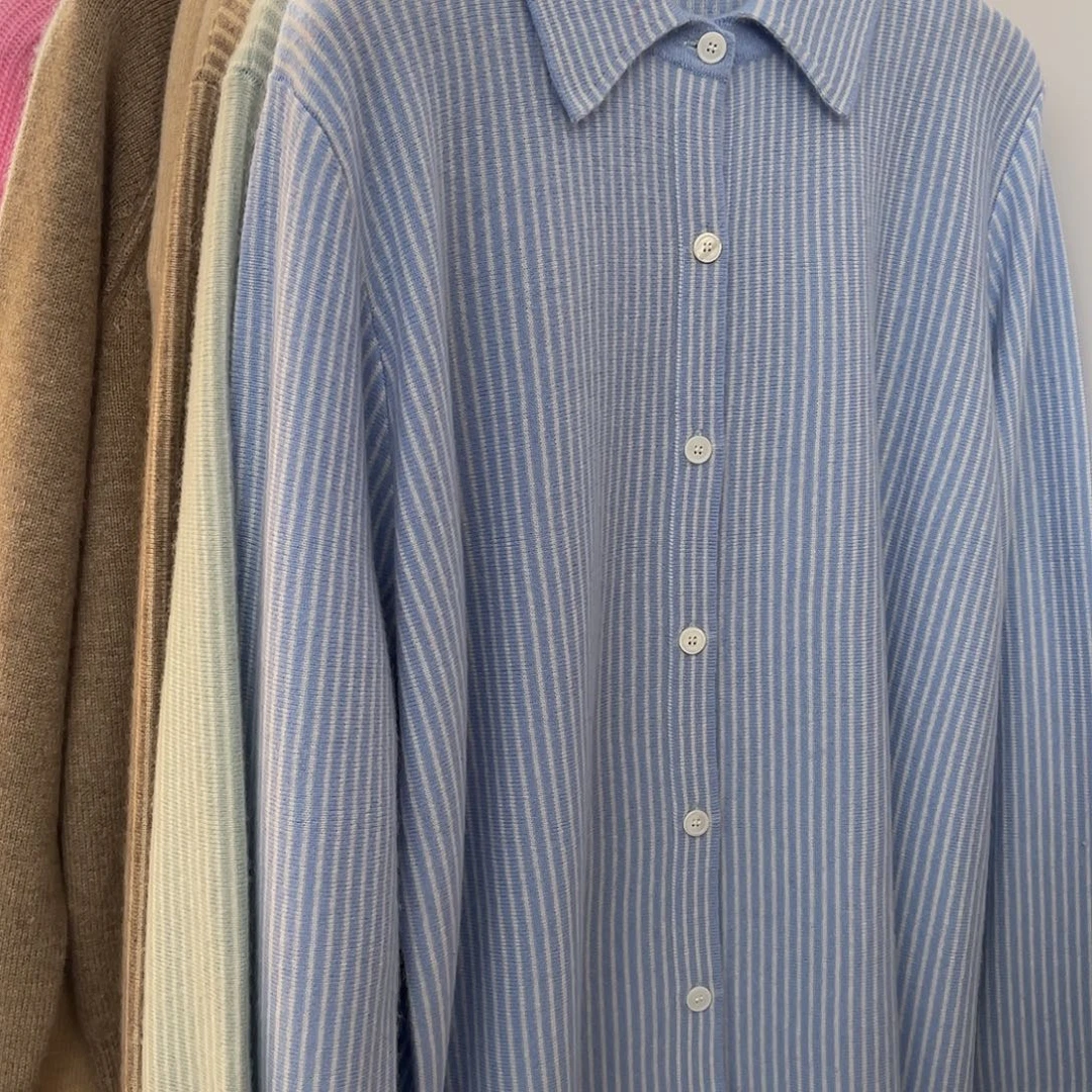 蓝条纹 衬衣款 羊绒 开衫