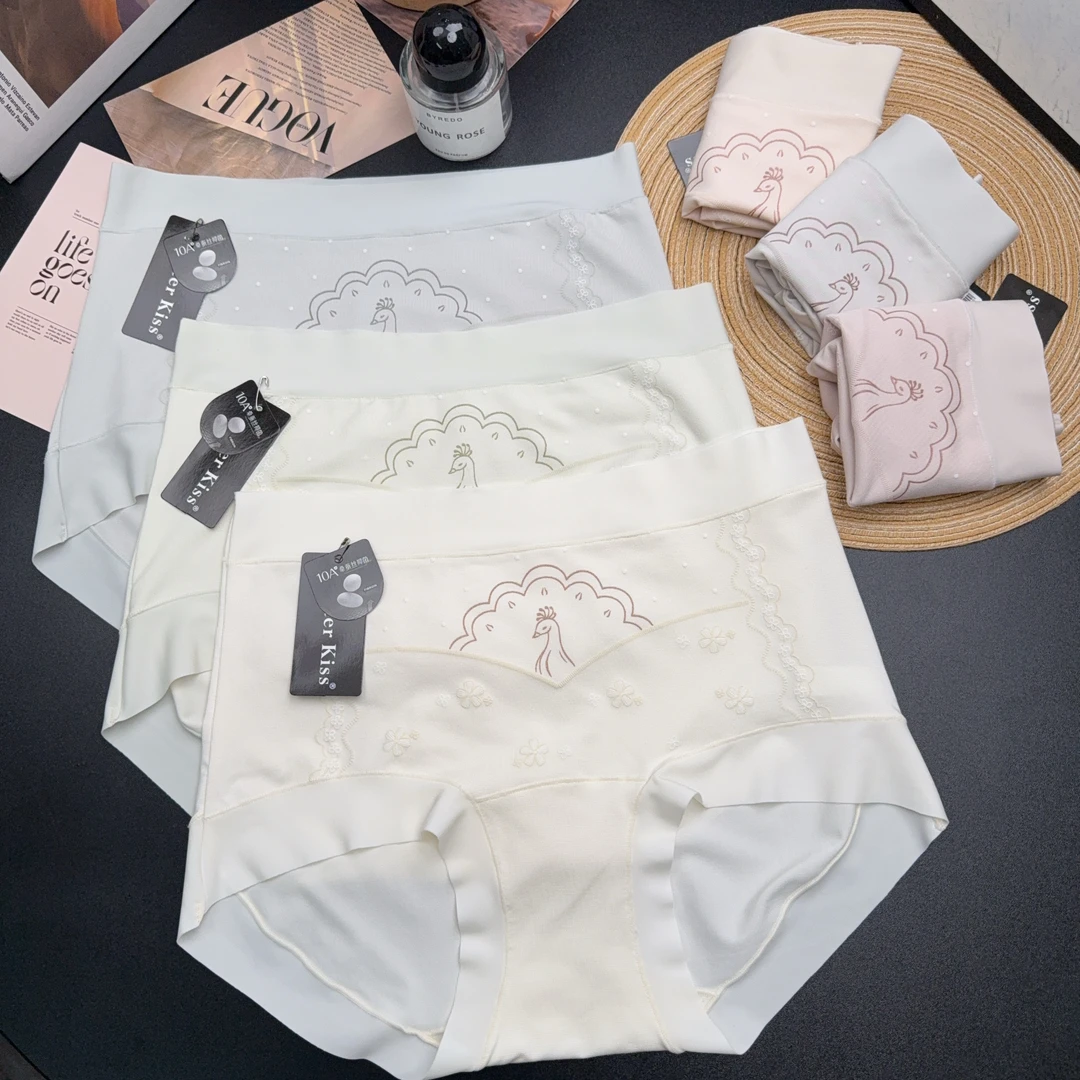 【5条装~孔雀开屏莫代尔中腰】女士内裤桑蚕丝抗菌底档三角裤衩A27