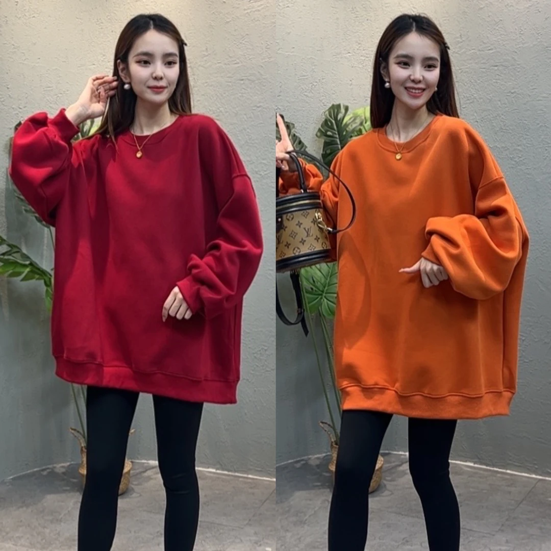 HM6778秋季新款韩版纯色大版宽松休闲减龄百搭套头卫衣女