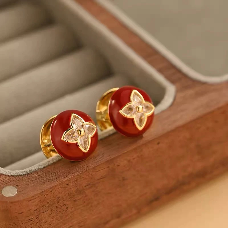 铜合金耳饰 柿柿如意红色滴油四叶草耳扣