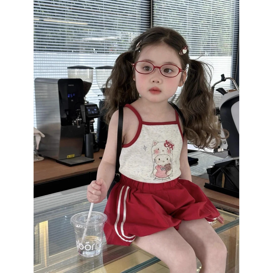 童装宝宝夏装新款吊带衫女童卡通印花拼色上衣儿童可爱花苞裤套装